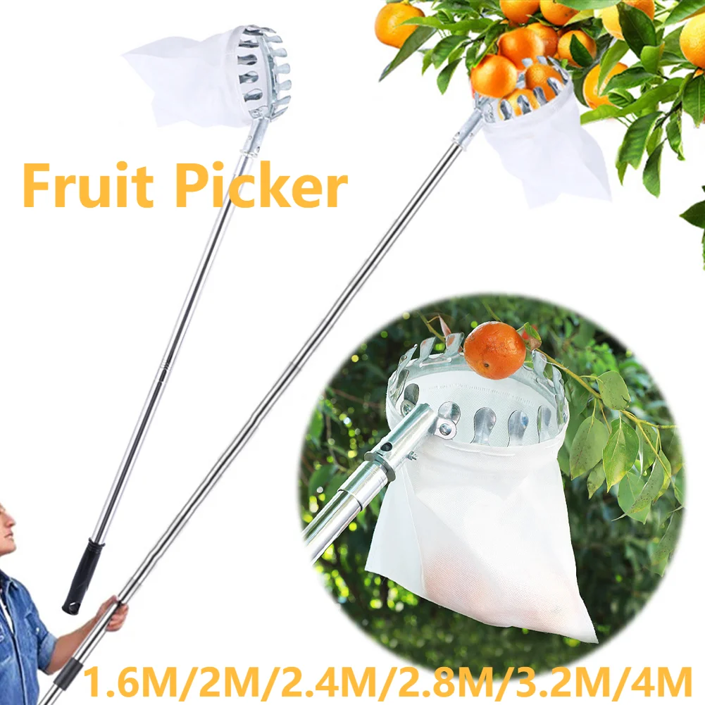 Fruit Picker Basket Telescopic Pole - 1.6-4M Fruit Picker Tool Metal Cherry